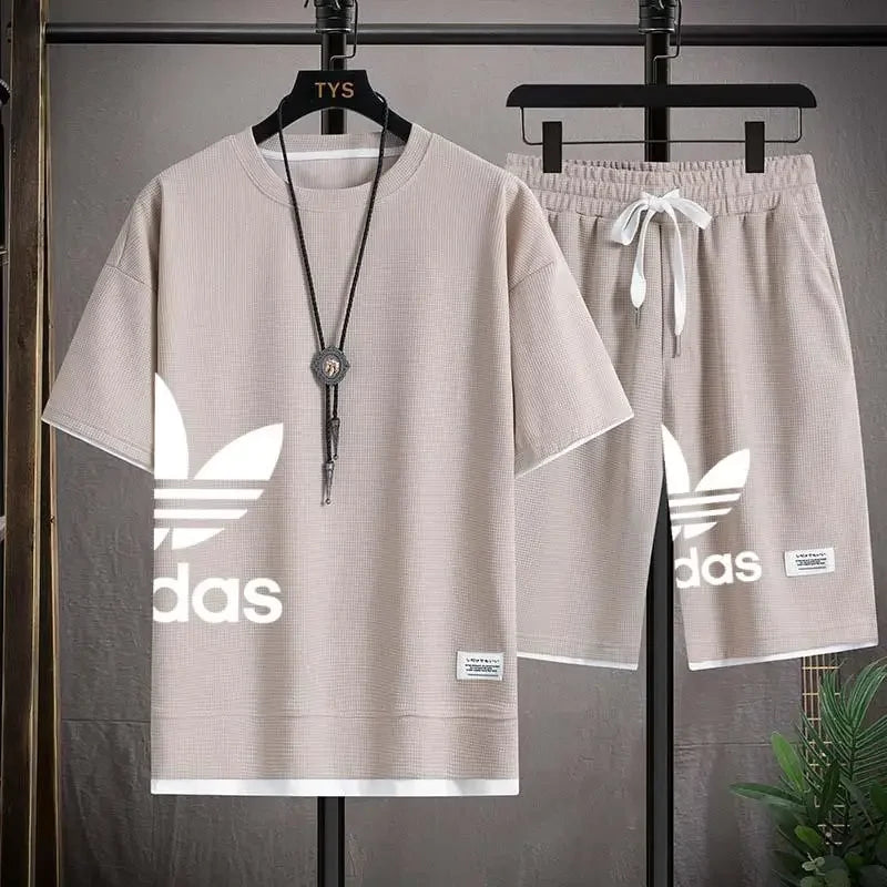 Summer  New Men's pullover sportswear Set, fashionable basketball men's casual short-sleeved T-shirt + shorts two-piece set