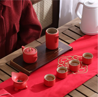 Traditional Chinese Tea Set, Porcelain Teapot, Stainless Steel, Tea Strainer, Cup, Bride and Groom Gifts, Traditional Red, Wed