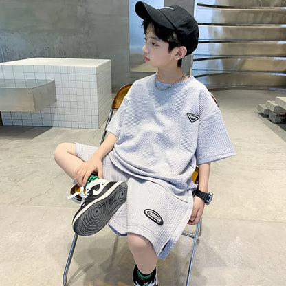New Teenager Casual Outfits Children Trends Clothes Suits Kids Short Sleeves Tops+Baggy Pants 2Pcs