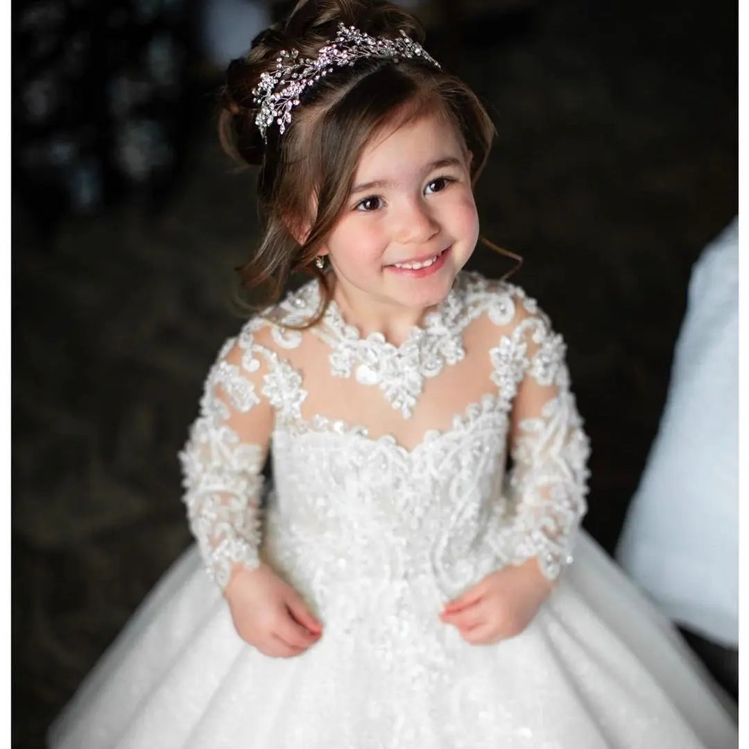 Girl Lace Appliques Princess Wedding Party Flower Girls Dresses Vintage Gown With Bow Kids First Communion Ball Gown