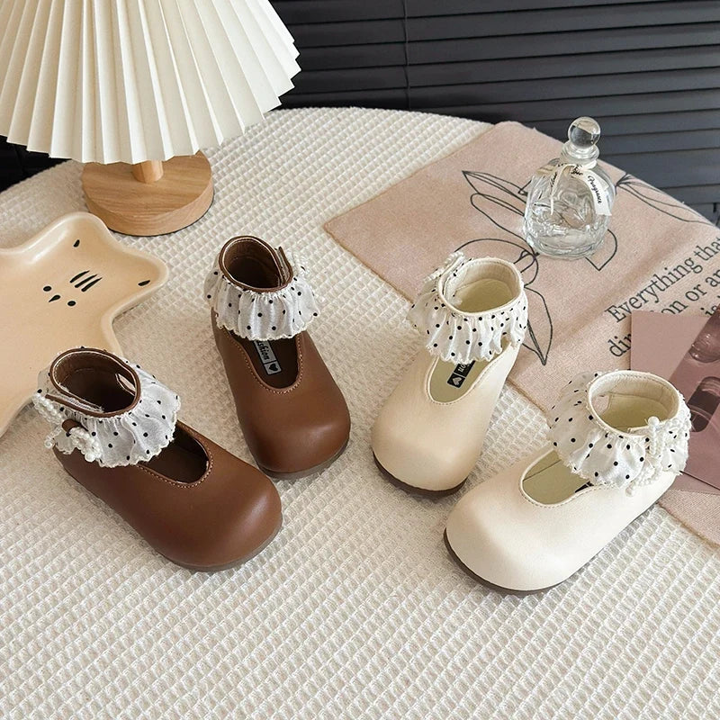Girl's Leather Shoes Frilly Pearl Adorable Hook-loop Kids Flat Shoe Beige Brown Shallow Sweet Trendy Children Shoe 23-34