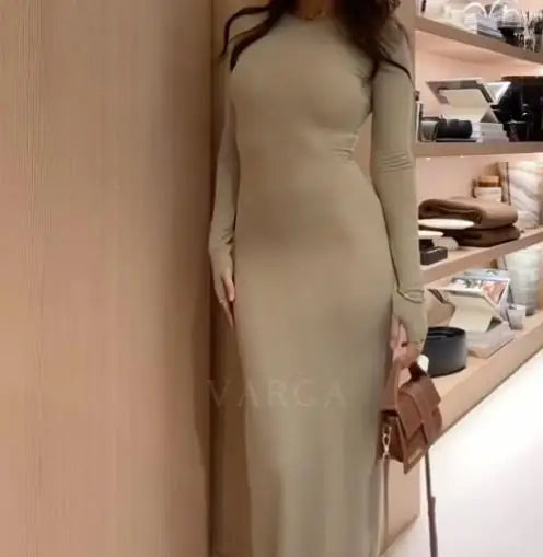 Womens Dresses  Spring Autumn New Fashion Sexy Skinny Hip Hugging Comfortable Solid Color Casual Round Neck Long Dress