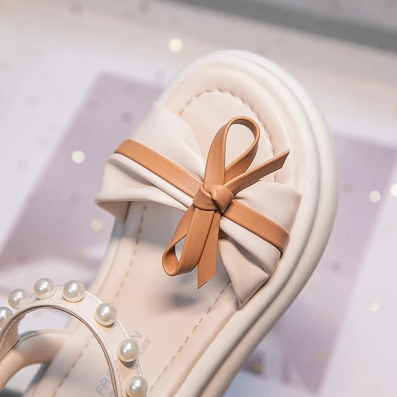 Girls Sweet Princess Sandals Soft Bottom Children Summer Beach Shoes Non-Slip Soft Sole Kids Flats Beading Sandals with Bow-knot