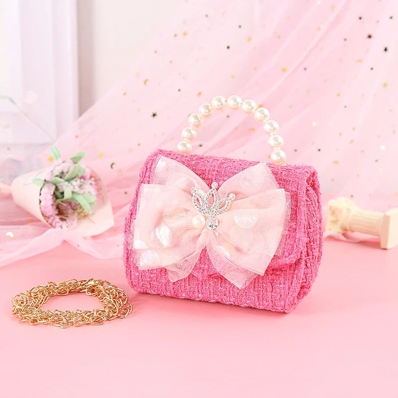 Pink Princess Crown Colorful Bow Children's Bag Fashion Hand-held Pearl Diagonal Girl Cross Body Shoulder Messenger Bags Purse