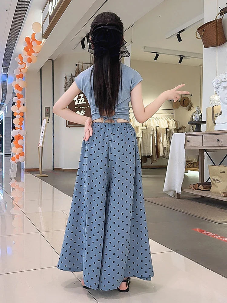 Girls set, summer children's fashion clothing, little girl wide leg pants, Korean version two-piece set, 4-12 years old