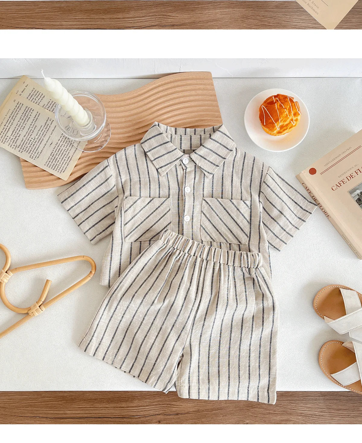 Set Children Unisex Summer New Style Cotton Stripe Pocket Shirt Polo Collar Shourts Fashion Casual Brief Versatile Korean