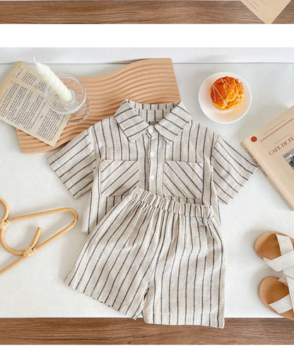 Set Children Unisex Summer New Style Cotton Stripe Pocket Shirt Polo Collar Shourts Fashion Casual Brief Versatile Korean