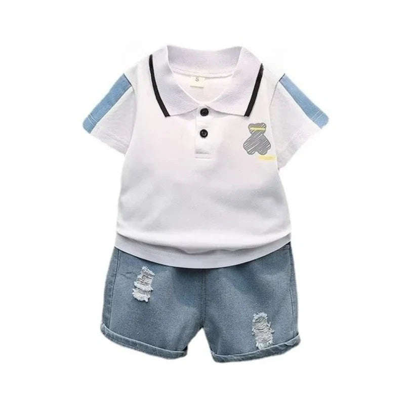 Children Summer Fashion Baby Boys Clothes Cartoon Bear T-shirt Denim Shorts 2pcs/sets Kids Outfits Costume Casual Sports Suit