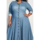 Plus Size Women's Maxi Dress Light Elegant Vintage Blue Shirt Collar Long Sleeve Button Casual Maxi Dress