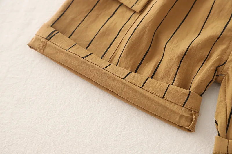 New Fashion Soft and Comfortable Children's Coffee Vertical Stripe Shirt Shorts Three-piece Set Kids Clothes Boys