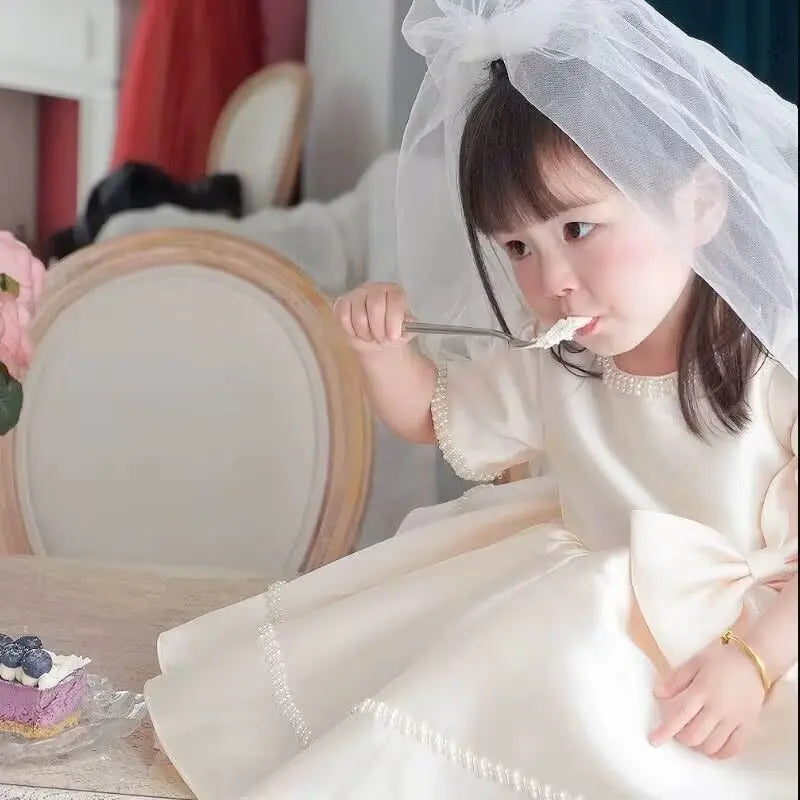 Wedding Bow Girl Dress Suitable for Girls  Dresses V-neck Long sheer Party Costume Carnival Costume