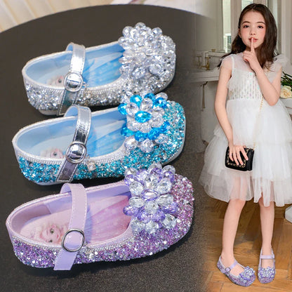 Disney Cartoon Pattern Elsa Princess Crystal Shoes for Girls Fashion New Style Baby Girl Low Heels Sandals Summer Fall Children
