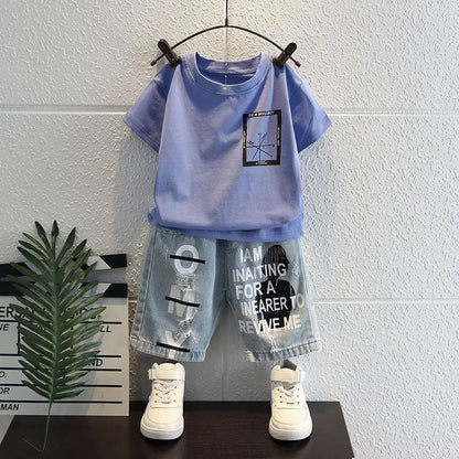 New Boys Sleeveless Vest Denim Shorts 2PC Sets Outdoor Festival Clothing Vintage Print Kids Miracle Design 2-10 Years White Tops