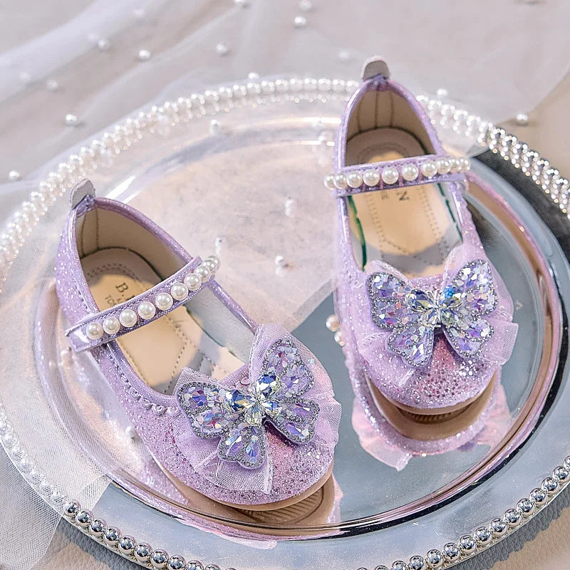 Bowtie Kids Leather Shoe Fashion Causal Sequins Children Causal Wedding Flat Shoes Autumn Girl Princess Shoes