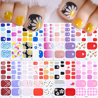 22tips/Sheet Baking Free Daisy Flower Toenail Sticker Full Cover Toe Nail Wraps Glitter Toenail Polish Strips DIY Foot Decals