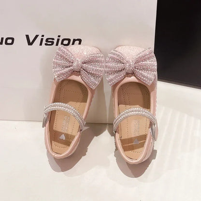 Children's Leather Shoes Bling Sequins Bowknot Princess Shoes for Girls Sweet Chic Kids Causal Wedding Shallow Versatile