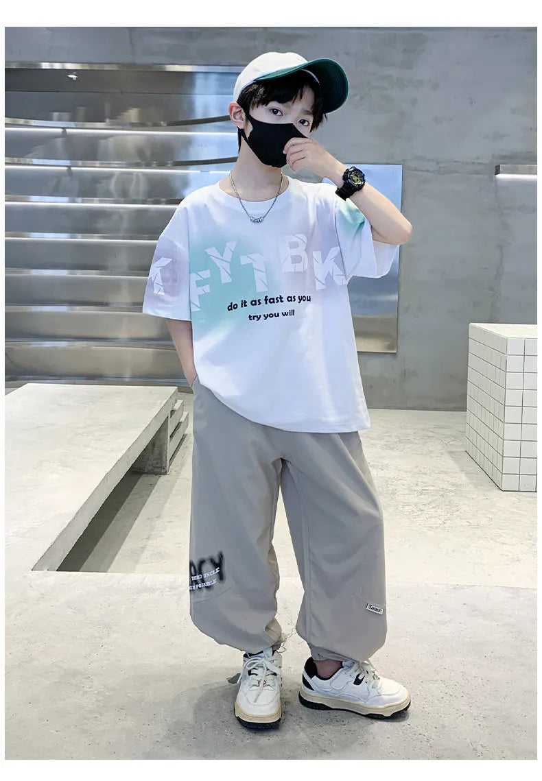Teenager Boys Clothes Casual Outfit Kids Gradient Tracksuit Child t shirt + ankle tie pant