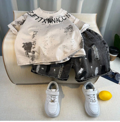 Korean Children's Summer Clothes Kids Set Outfits Boys 2025 Handsome Sleeveless&Short Sleeved T-shirt Denim Shorts 2-piece Set