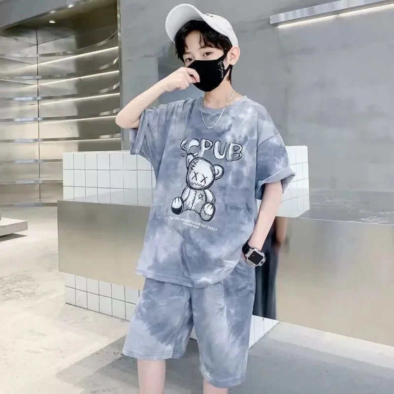Boys Sports Suit Summer Cartoon Sets New Children's Short-Sleeved T-Shirt Shorts  Kids Fashion Loose Clothes Outfit