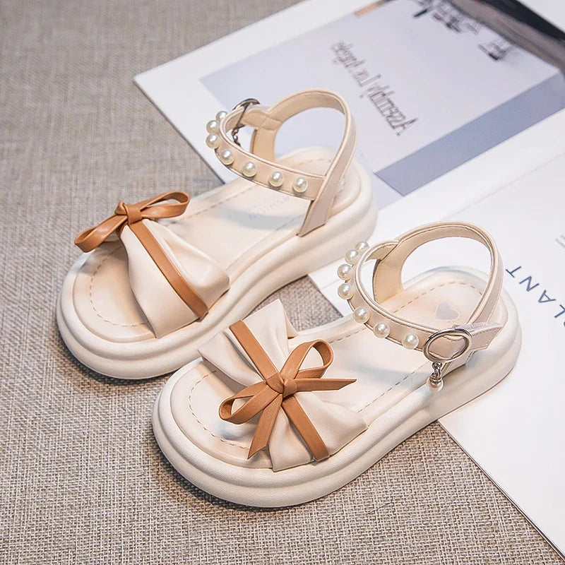 Girls Sweet Princess Sandals Soft Bottom Children Summer Beach Shoes Non-Slip Soft Sole Kids Flats Beading Sandals with Bow-knot