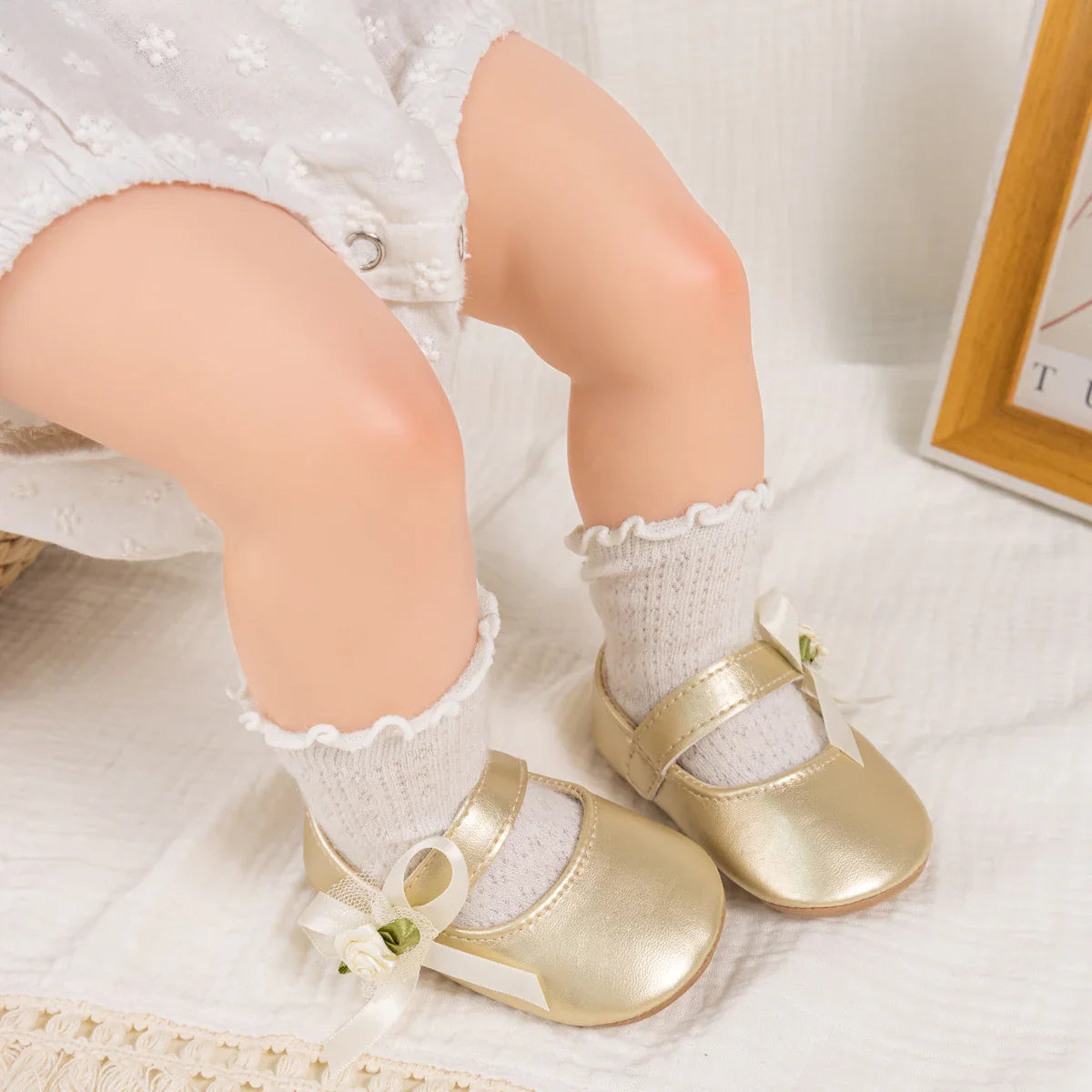 Gold Tie Cute Bow Flower Baby Princess Shoes Wedding Birthday Party Non-Slip Soft Sole Baby Toddler Shoes