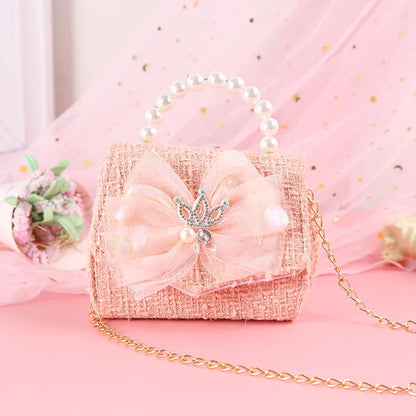 Pink Princess Crown Colorful Bow Children's Bag Fashion Hand-held Pearl Diagonal Girl Cross Body Shoulder Messenger Bags Purse