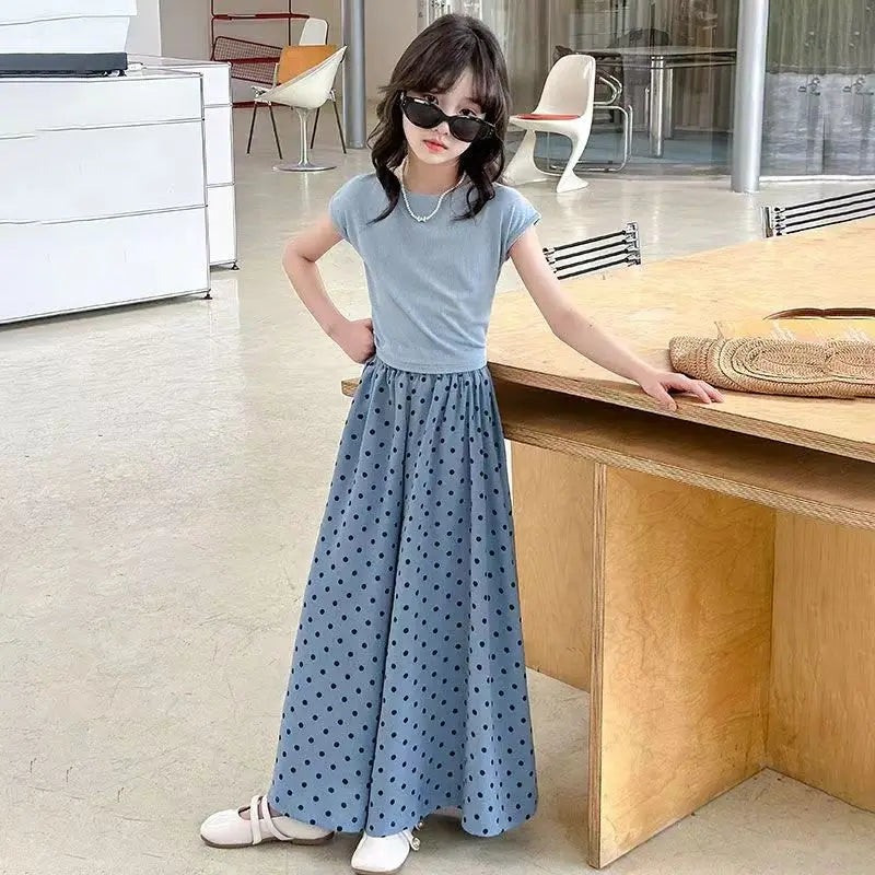 Girls set, summer children's fashion clothing, little girl wide leg pants, Korean version two-piece set, 4-12 years old