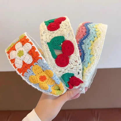 Sweet Embroidery Flower Kids Hair Hoops Colorful Knit Woolen Autumn Winter Wide Hairband for Girl Headwear