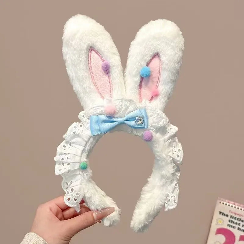 New cute plush headband with bow & rabbit ears,lace trim for delicacy.Soft skin-friendly,no hair damage.Perfect for washing face
