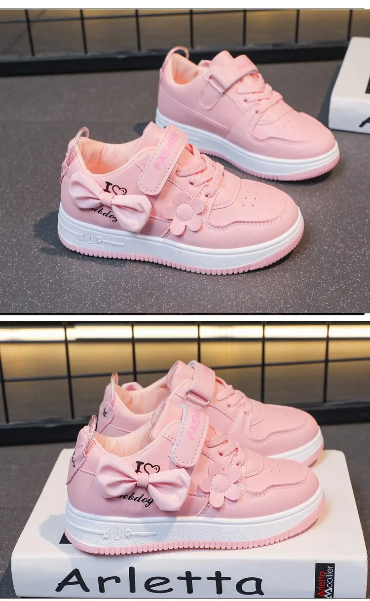 Girls Sneakers Pink Bow Decoration 3D Flowers Cute Sports Shoes Spring Autumn Breathable Casual Non-slip Outdoors Board Shoes
