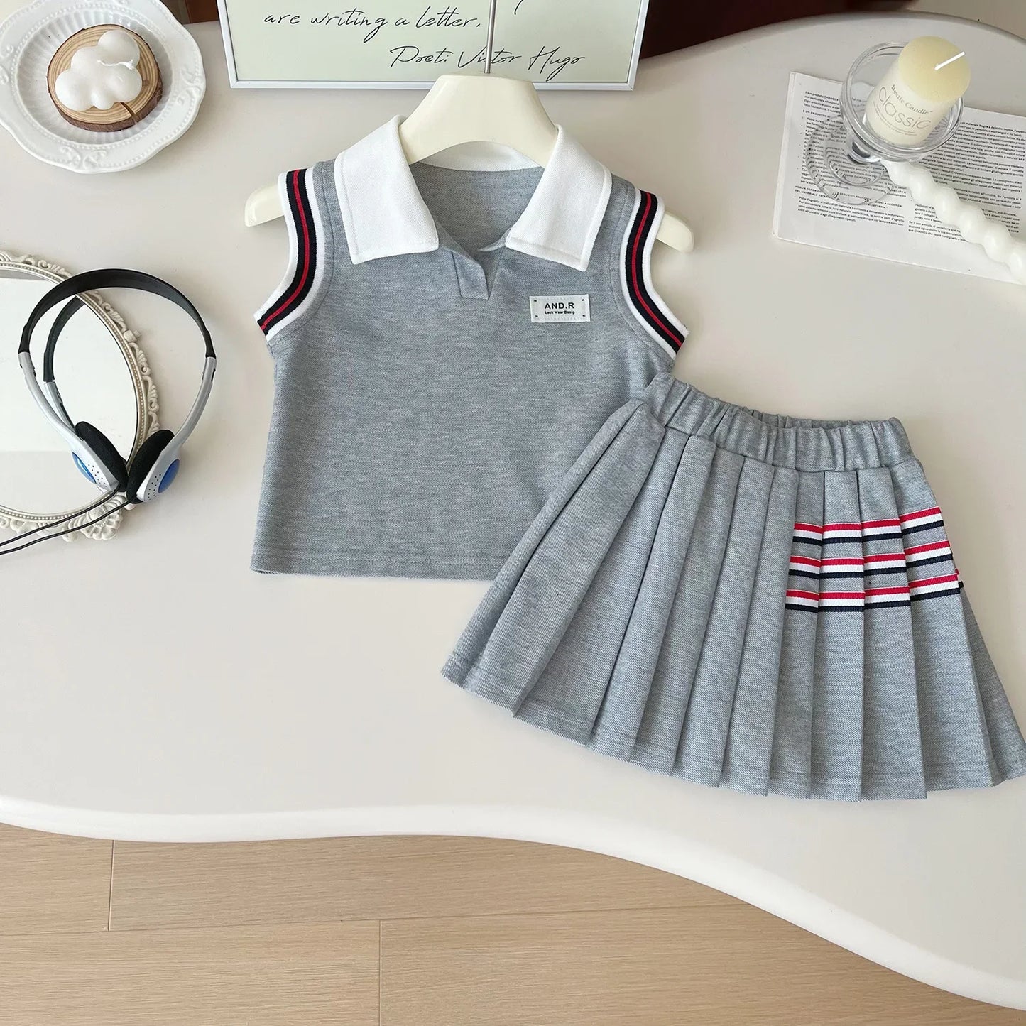 Baby Girl College Style Summer 2PCS Clothes Set Polo Collar Kid Girl Vest Top Set Thin Stylish Stripe Pleated Skirt Belle Outfit