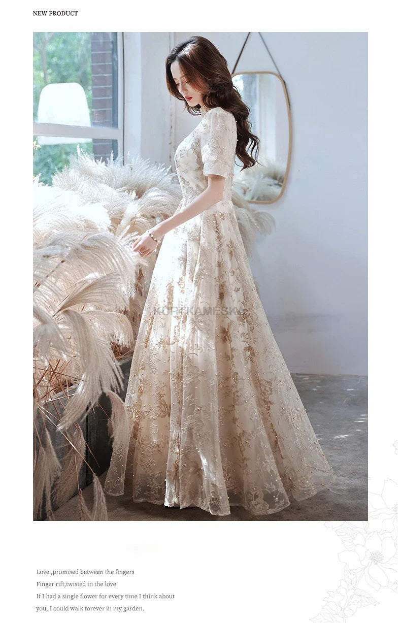 Elegant High Collar Evening Prom Bridesmaid Banquet Party Ball Dress Gown Short Sleeve Flower Embroidery Appliques Formal Dress