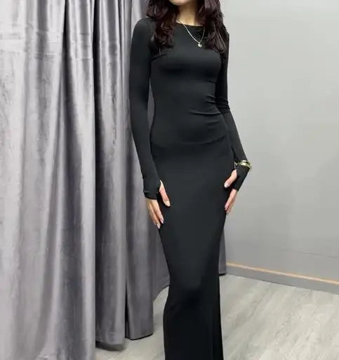 Womens Dresses  Spring Autumn New Fashion Sexy Skinny Hip Hugging Comfortable Solid Color Casual Round Neck Long Dress
