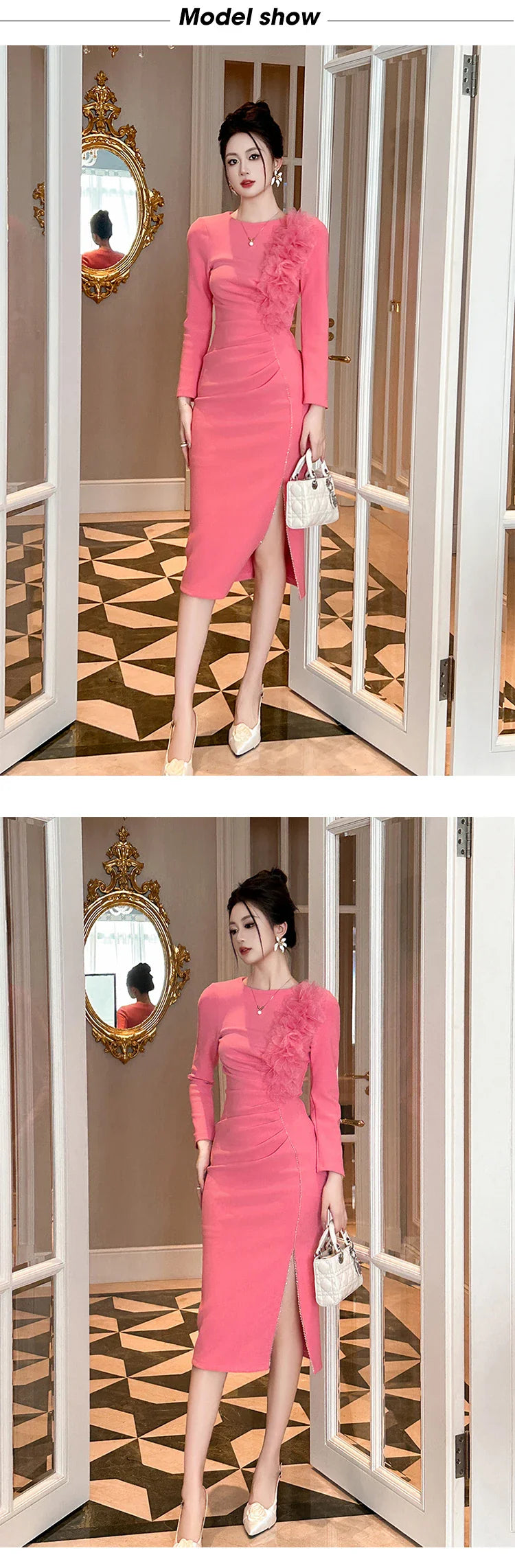 Banquet Evening Dress Women Elegant Style Flower Beading Folds Slit Robe Female Party Prom Vestidos Catwalk Gown