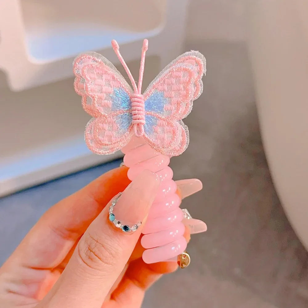 Cute Elastic Telephone Wire Line DIY Butterfly Hair Bundle Phone Cord Ponytail Holder Girls