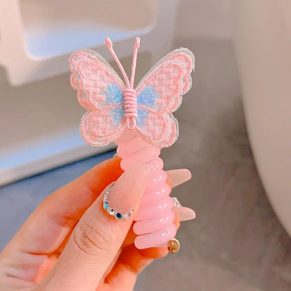 Cute Elastic Telephone Wire Line DIY Butterfly Hair Bundle Phone Cord Ponytail Holder Girls