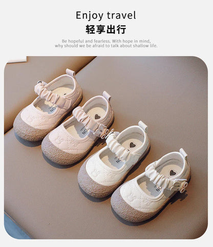 Girl's Mary Janes Cute Flat Sewing Pu Leather Little Children Leather Shoes Pu 21-30 Hook-loop Anti-slip Lovely Kids Spring Shoe