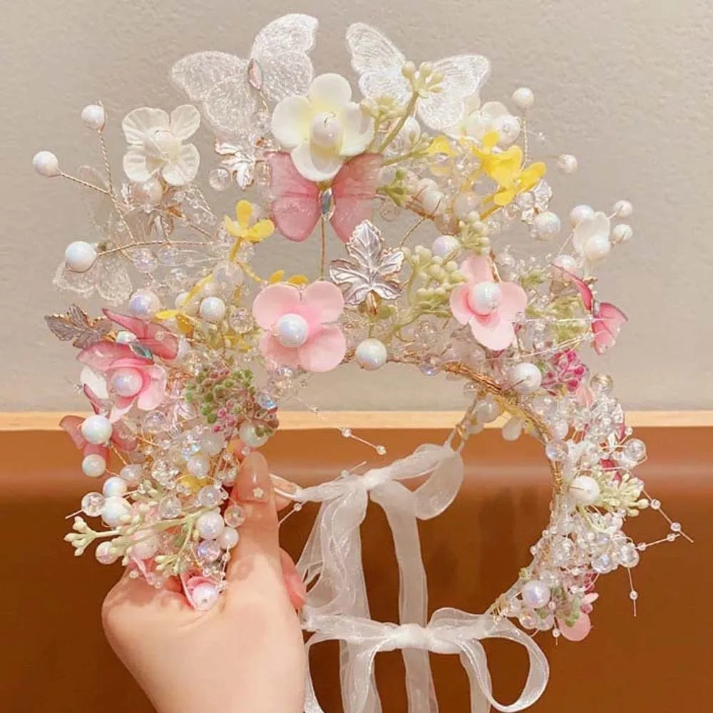 Butterfly Fairy Hair Hoop Beads Simulation Flower Flower Headdress Hair Ornaments Adjustable Wreath Headband