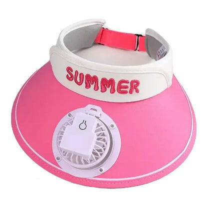 Summer Children Sun Hat with Mini Cooling Fan Empty Top Wide Brim Visor Hat Hiking Travel Sunscreen Hat Girls Boys Outdoor Sun P