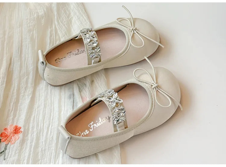 Girls' Rhinestone Princess Shoes Simple Versatile Kids Bow Leather Shoe Comfort Non Slip Girls Flat Casual Shoes