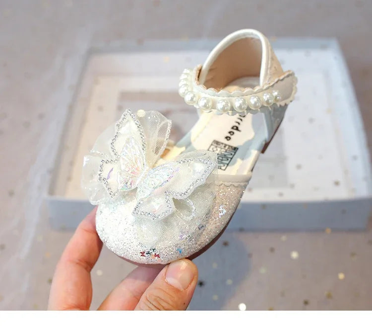 Girls Dress Shoes for Wedding Party Bling Sequins with Rhinestone Butterfly Sweet Princess Chic Kids Flat Shoes Lace Beaded