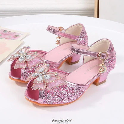 Summer High Heels Shoes for Girls Pageant Kids Sandals Child Mary Jane Shiny Princess Party Dress Up Shoes Purple Gold Pink Blue