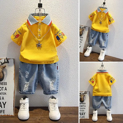 Boys 2025 Summer Outfit T-Shirt and Jeans Korean Polo Fashion 2PCS Casual Clothing Korean Reviews Top Toddler Kids Clothes Sets (Available )