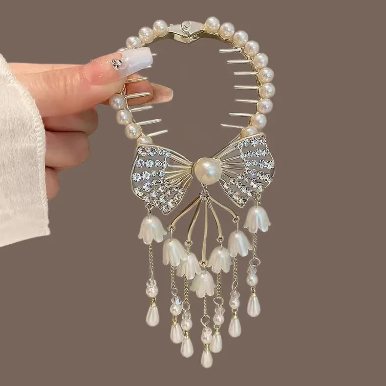 Ladies Butterfly Rhinestone Pearl Metal Hair Claw Round Bun Ponytail Holder
