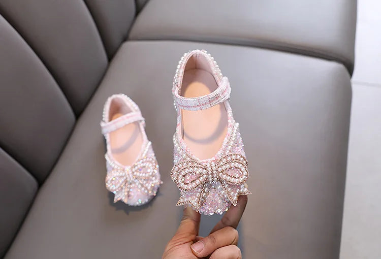 Girls Shoes Bling Single Shoes for Stage Performance Mary Janes Bow Crystal Glitter Wedding Flats Dance Party Leather Shoes New
