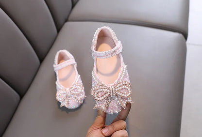 Girls Shoes Bling Single Shoes for Stage Performance Mary Janes Bow Crystal Glitter Wedding Flats Dance Party Leather Shoes New