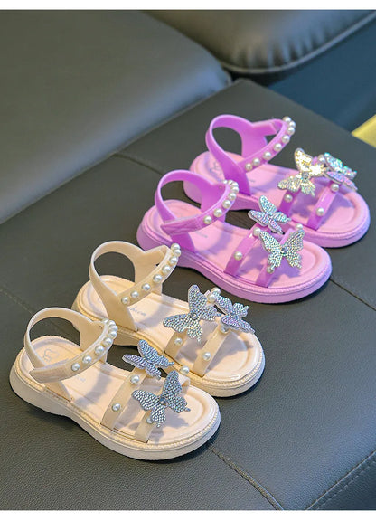 Kids' Sandals PU Leather Sequin Peep Toe Summer Outdoor Flat Shoes For Girls Breathable Anti-slip White Purple Pink