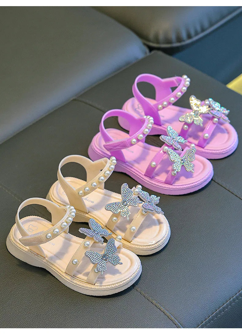 Kids' Sandals PU Leather Sequin Peep Toe Summer Outdoor Flat Shoes For Girls Breathable Anti-slip White Purple Pink
