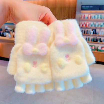 Winter Plush Knitted Cartoon Rabbit Flexible Flip-top Gloves Thicken Warm Cute Gloves For Baby Girls Half Finger Children Gloves