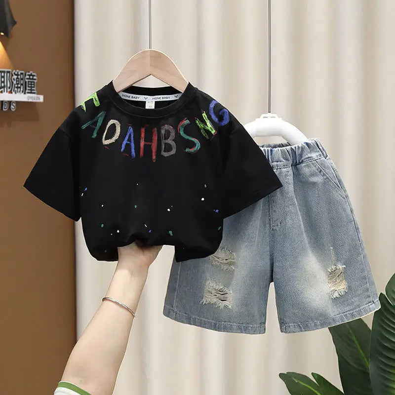 Korean Boys Summer Children's Top and Bottom 2PC Sets Short Sleeve T-Shirt & Denim Shorts Kids Clothes 1-7 Years Black Toddler